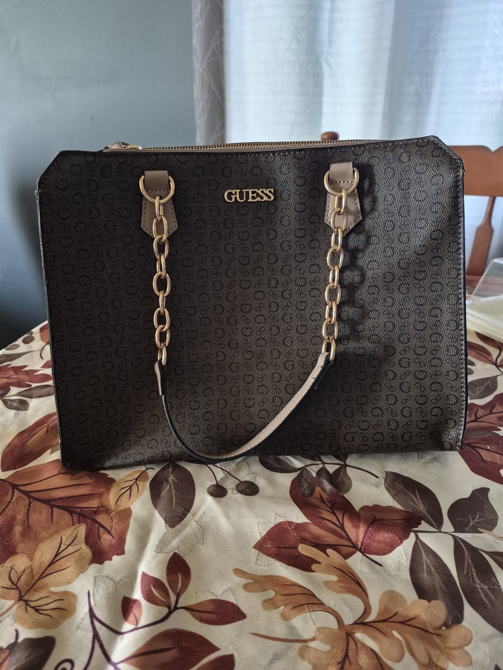 GUESS Brown Logo Shoulder Tote with Gold Chain Handles